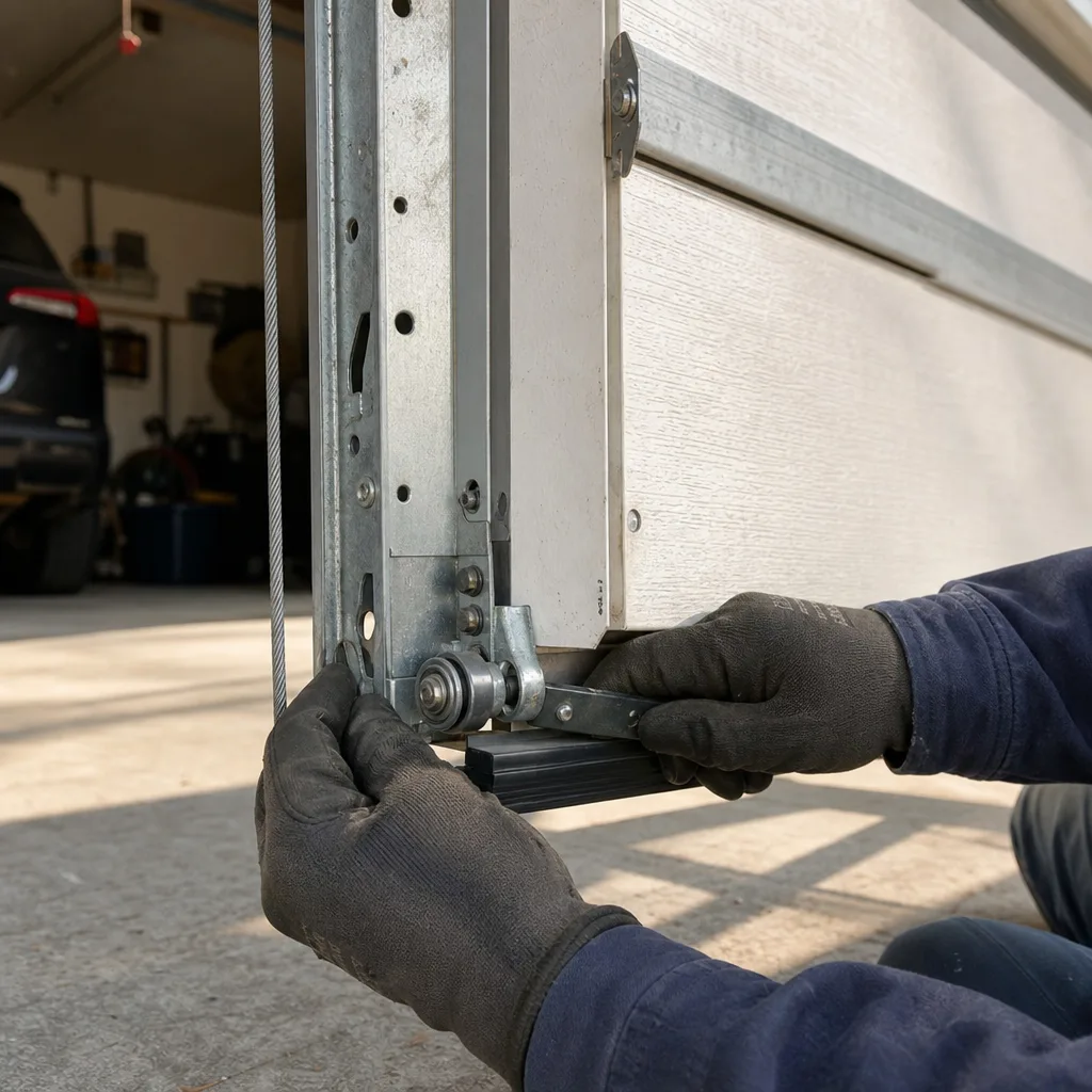 Technician performing professional garage door cable repair and maintenance.