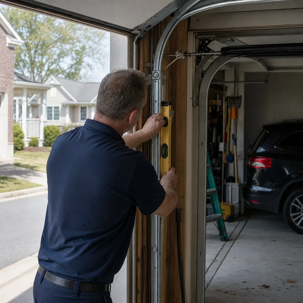 Technician using a level to repair a residential garage door track