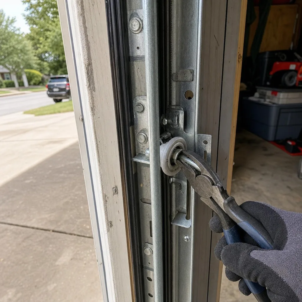 Technician using pliers to perform professional garage door roller repair